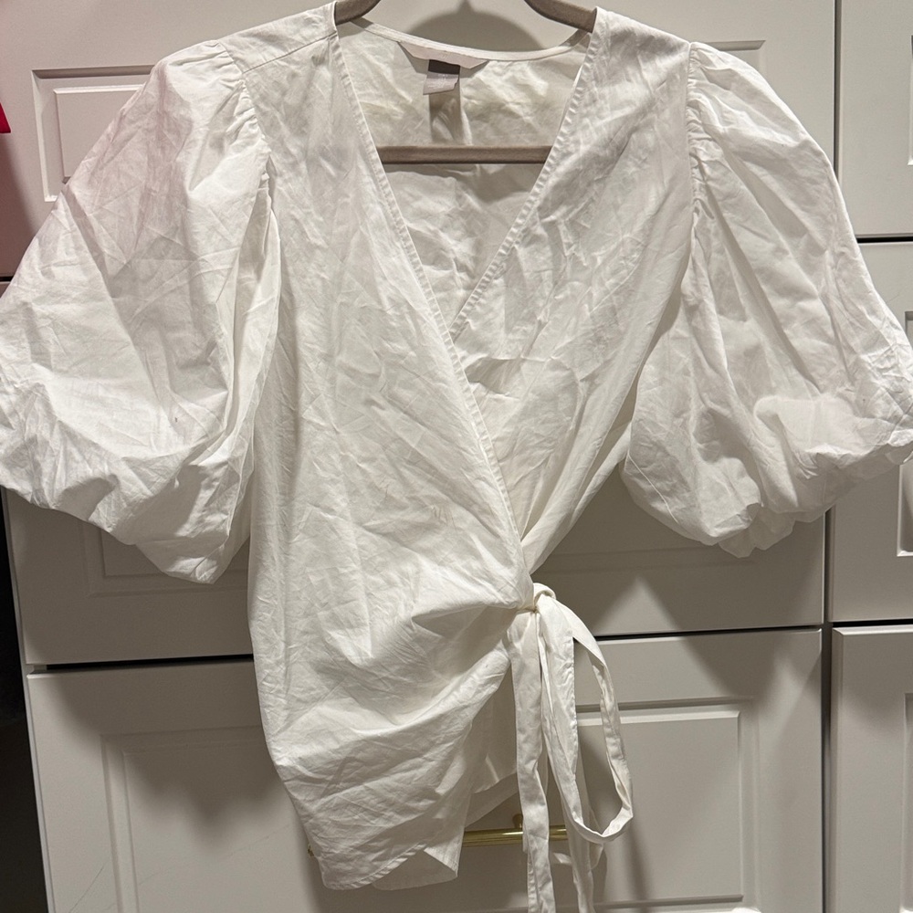 H&M White Puff Sleeve Wrap Blouse